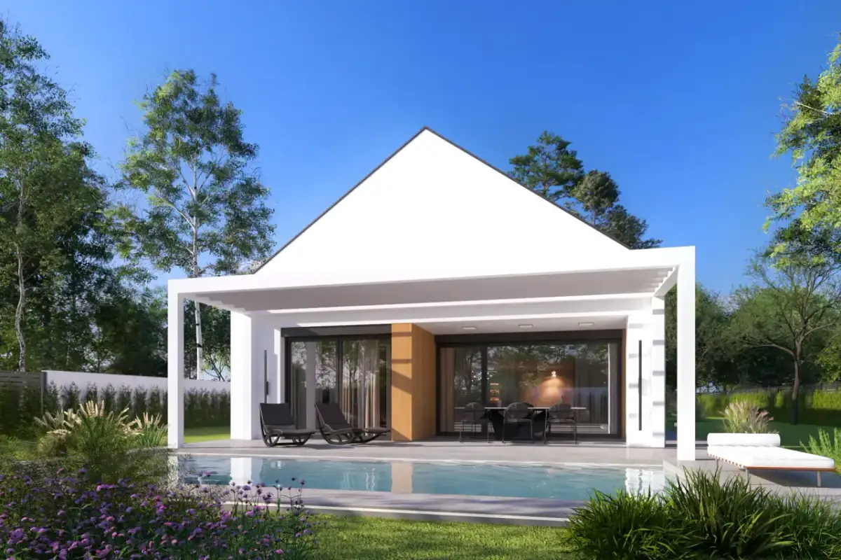 Nowoczesny dom z basenem i zadaszonym tarasem. Czy taras wlicza się do powierzchni zabudowy?