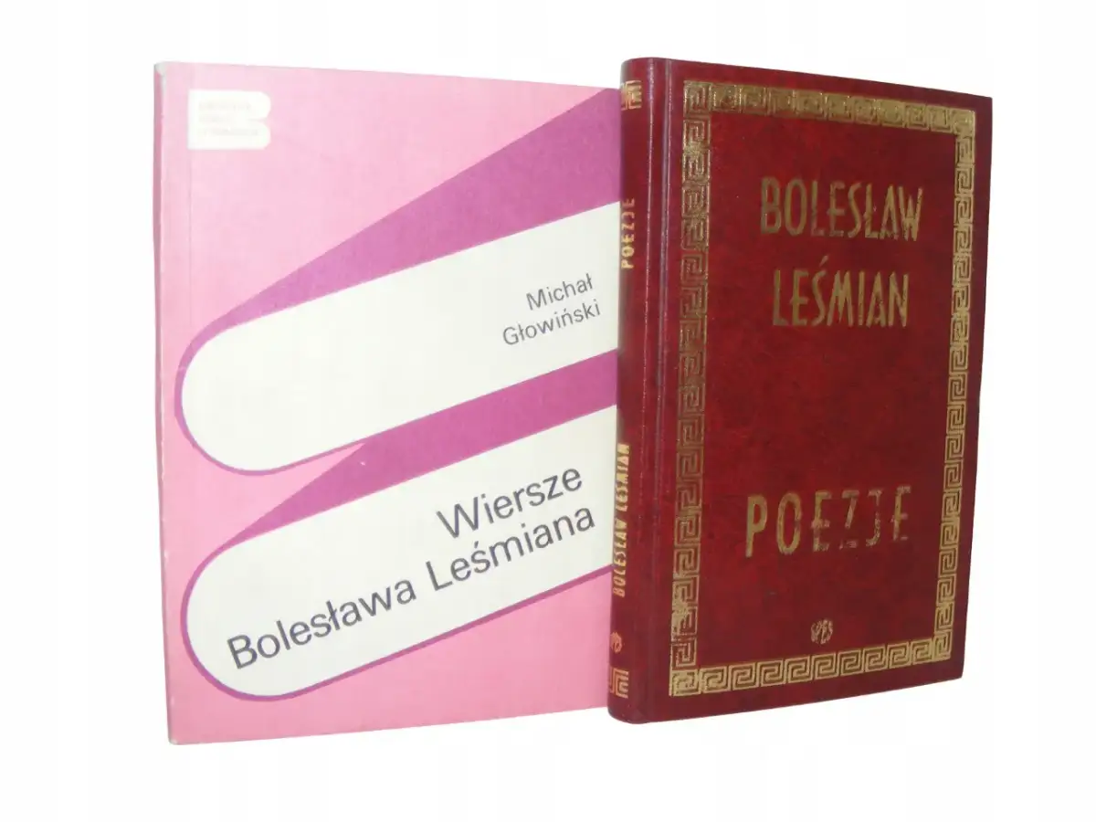Dwie książki: czerwona z napisem "Bolesław Leśmian Poezje" i różowa z tytułem "Wiersze Bolesława Leśmiana".