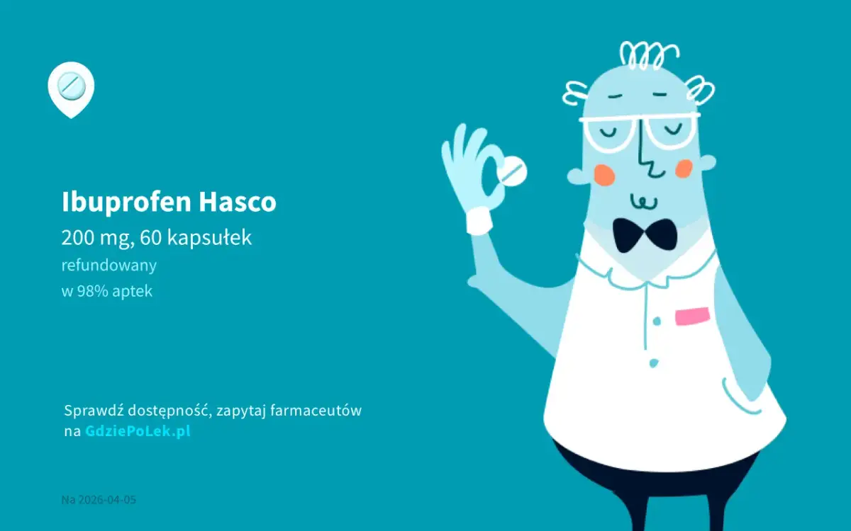 Ilustracja farmaceuty w okularach trzymającego tabletkę. Napis "Ibuprofen Hasco".