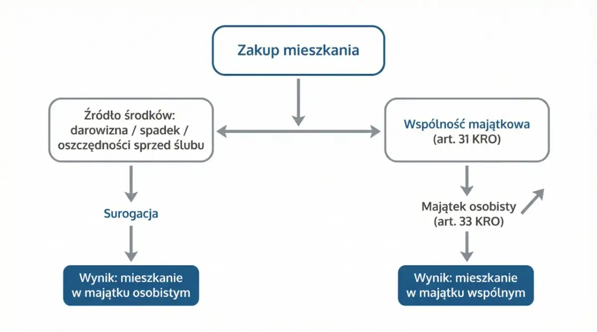 Schemat zakupu mieszkania. Akt notarialny może skutkować nabyciem do majątku osobistego lub wspólnego, zależnie od źródła środków.