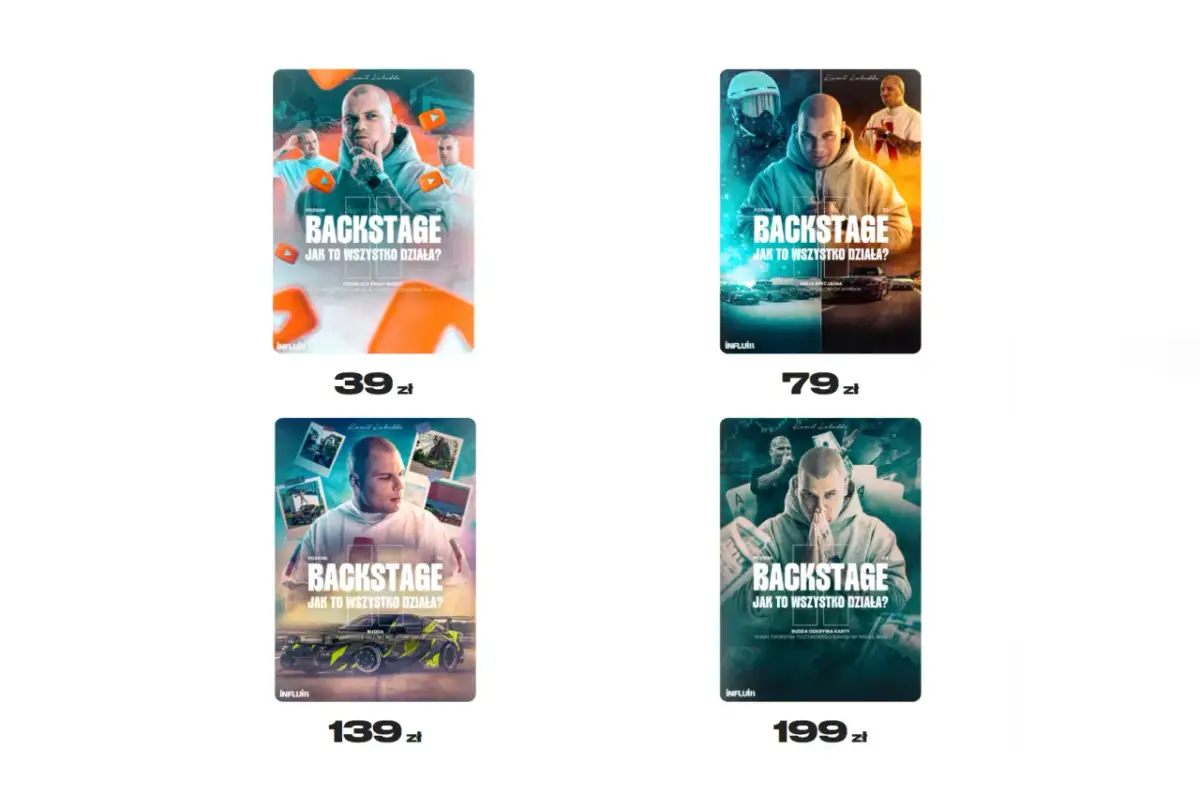 Cztery plakaty z napisem "BACKSTAGE JAK TO WSZYSTKO DZIAŁA?". Różne ceny: 39 zł, 79 zł, 139 zł, 199 zł. Dowiedz się, jak wziąć udział w loterii z Buddą.