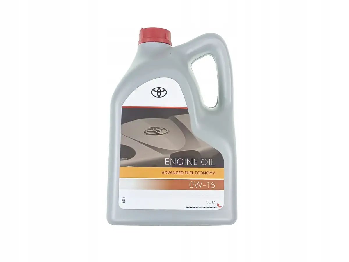Szara butelka oleju silnikowego Toyota 0W-16 o pojemności 5L.