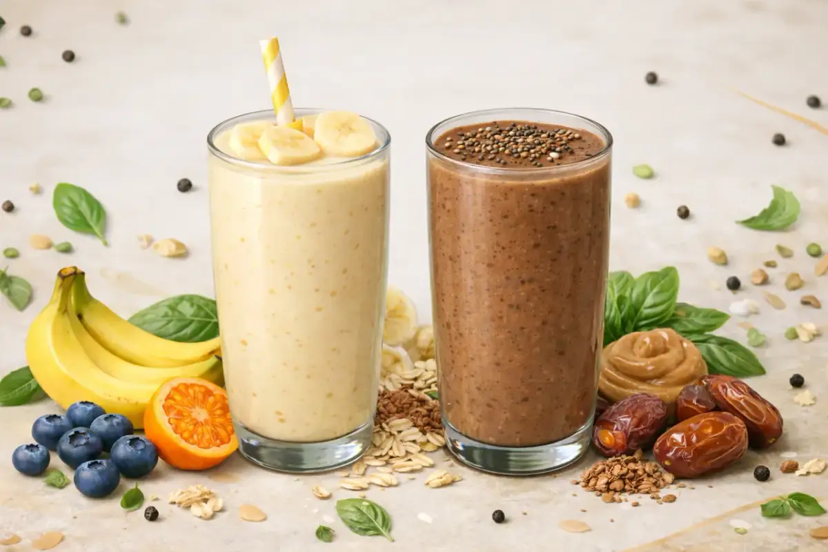 Dwa koktajle na śniadanie odchudzanie: bananowy z owocami i czekoladowy z daktylami.