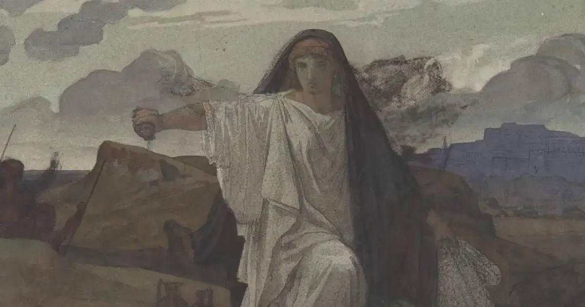 Postać w białej todze i czarnym welonie, z mieczem w dłoni, symbolizuje człowieka wobec przeznaczenia.