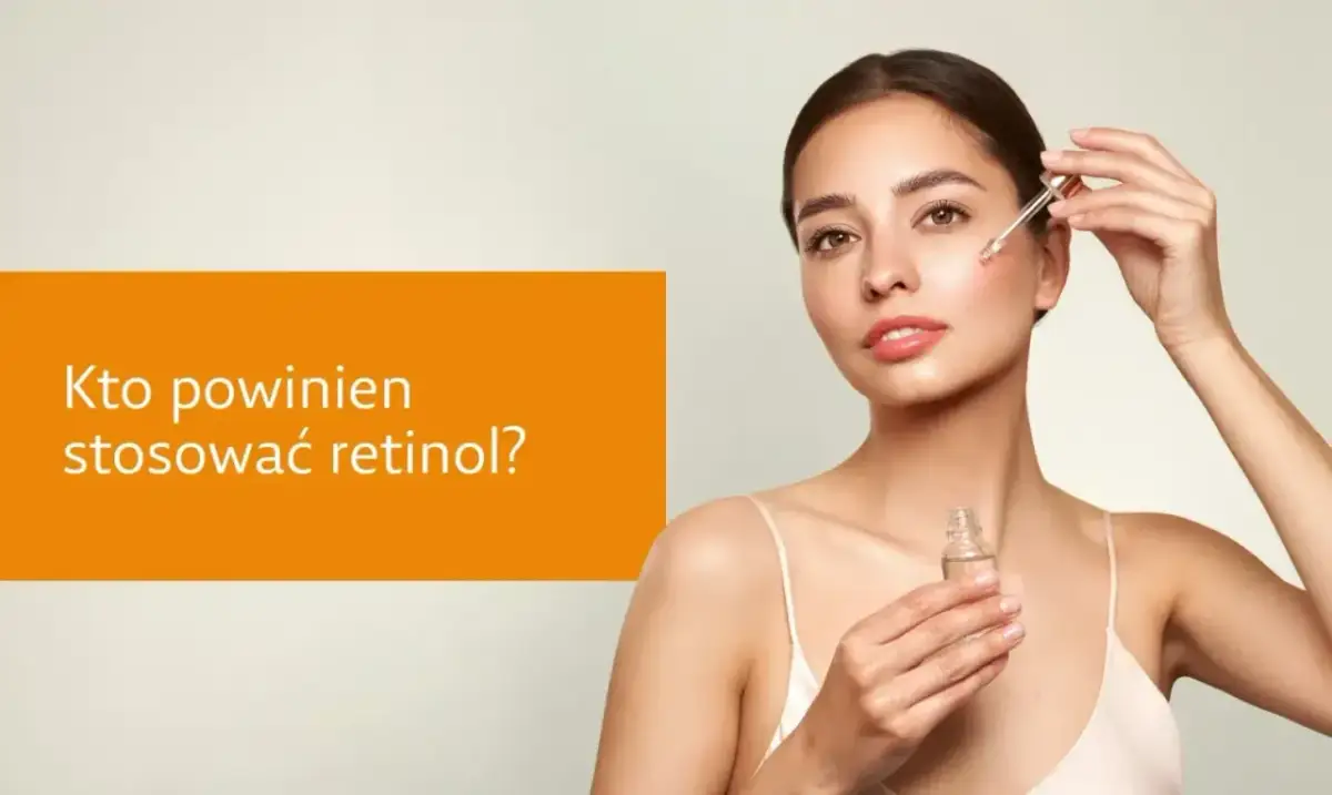 Młoda kobieta aplikuje serum z pipetką na twarz. Tekst: "Kto powinien stosować retinol?". Retinol dla kogo?