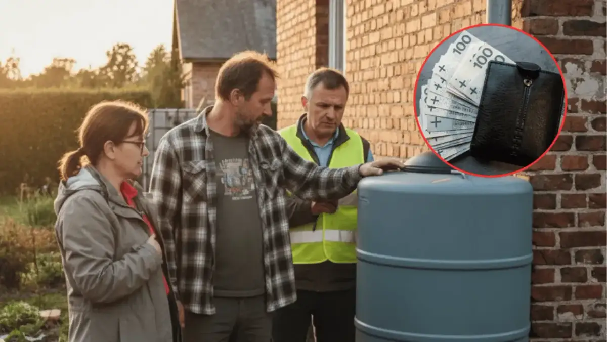 Trzy osoby przy szarej beczce na deszczówkę, w tle ceglany dom. W okręgu portfel z pieniędzmi.