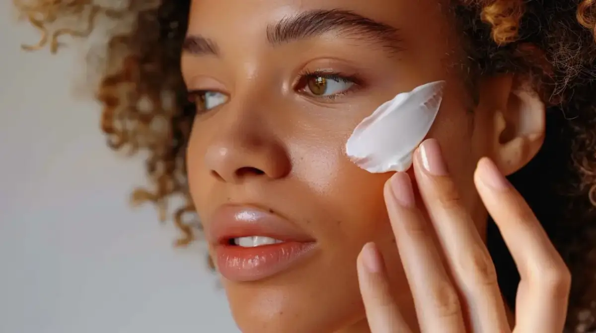 Kobieta z kręconymi włosami nakłada biały krem na policzek.