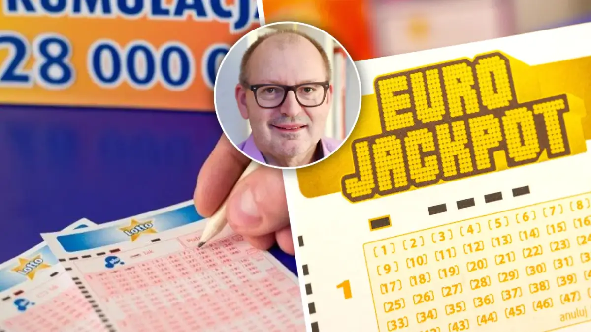 Mężczyzna z okularami wypełnia kupon Lotto, obok widoczny napis "EURO JACKPOT". To szansa na wygraną w loterii promocyjnej.
