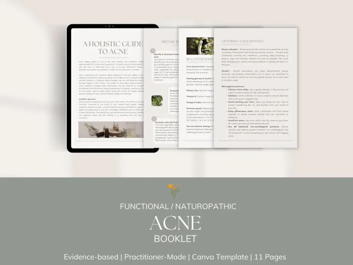 Otwarta książka z tekstem o trądziku i zdjęciem ziół i buteleczek z olejkami.