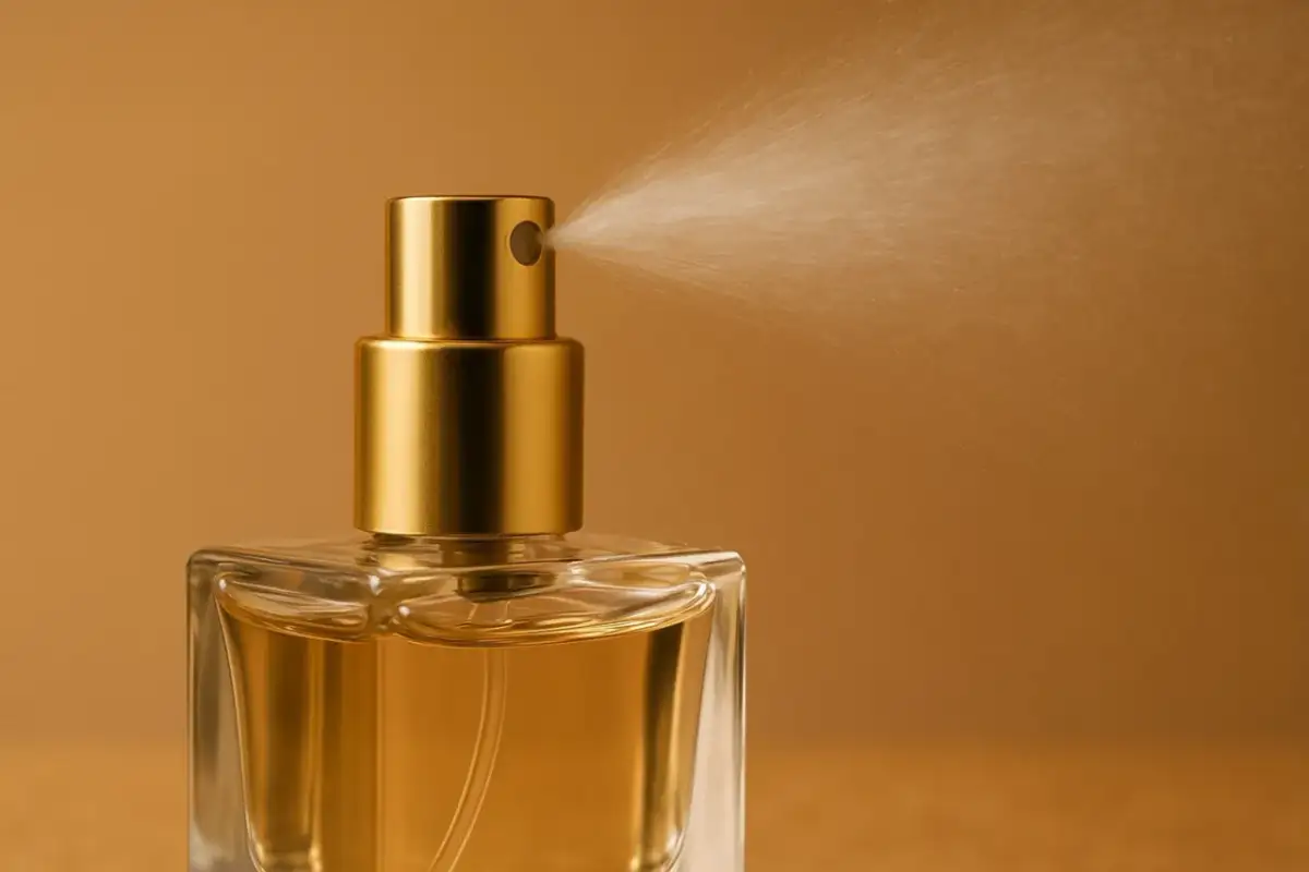 Złoty atomizer rozpyla mgiełkę perfum. Czy perfumy na lotnisku są oryginalne?