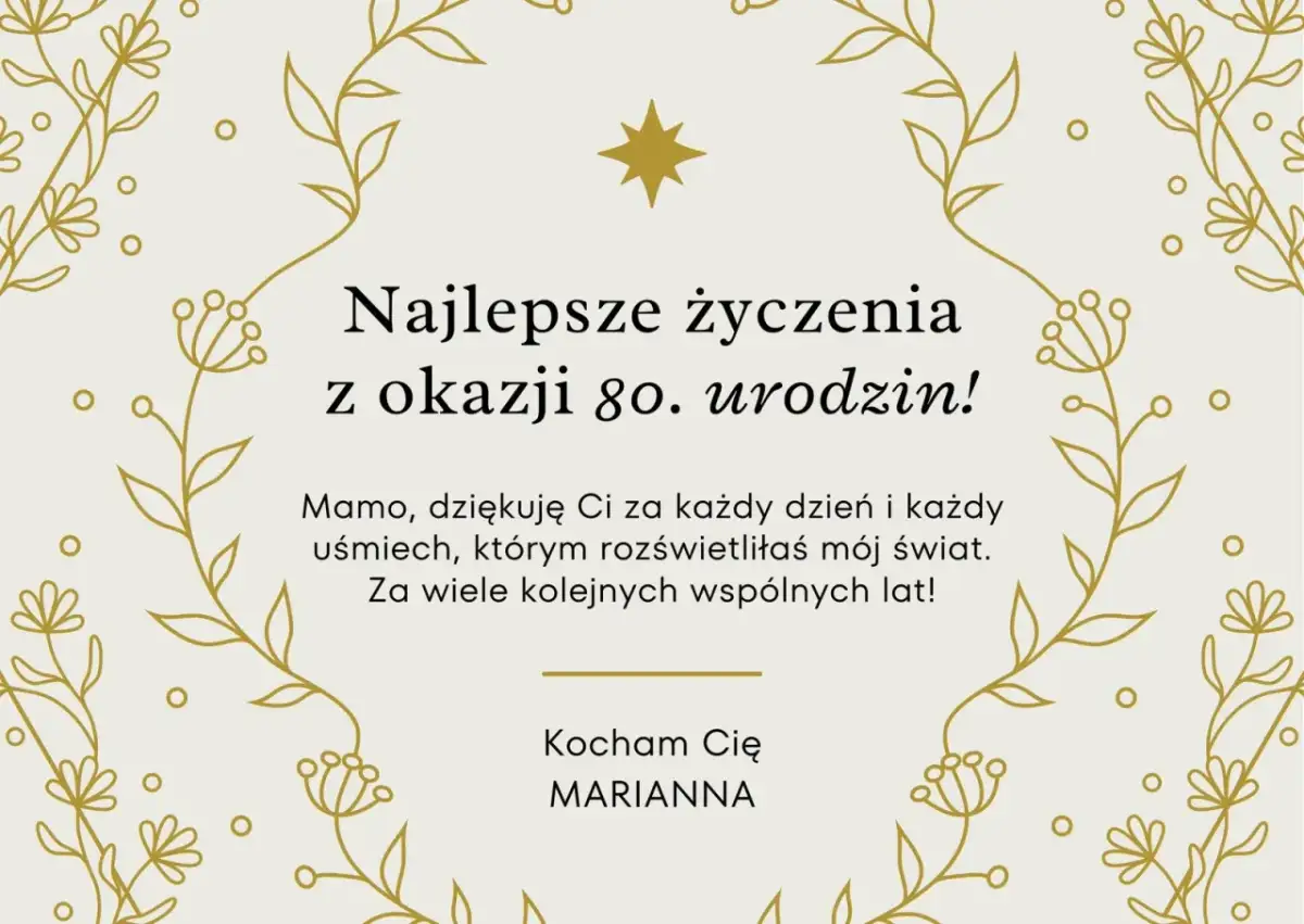 Złote, marynarskie życzenia urodzinowe dla Mamy z okazji 80. urodzin. "Kocham Cię, Marianna".