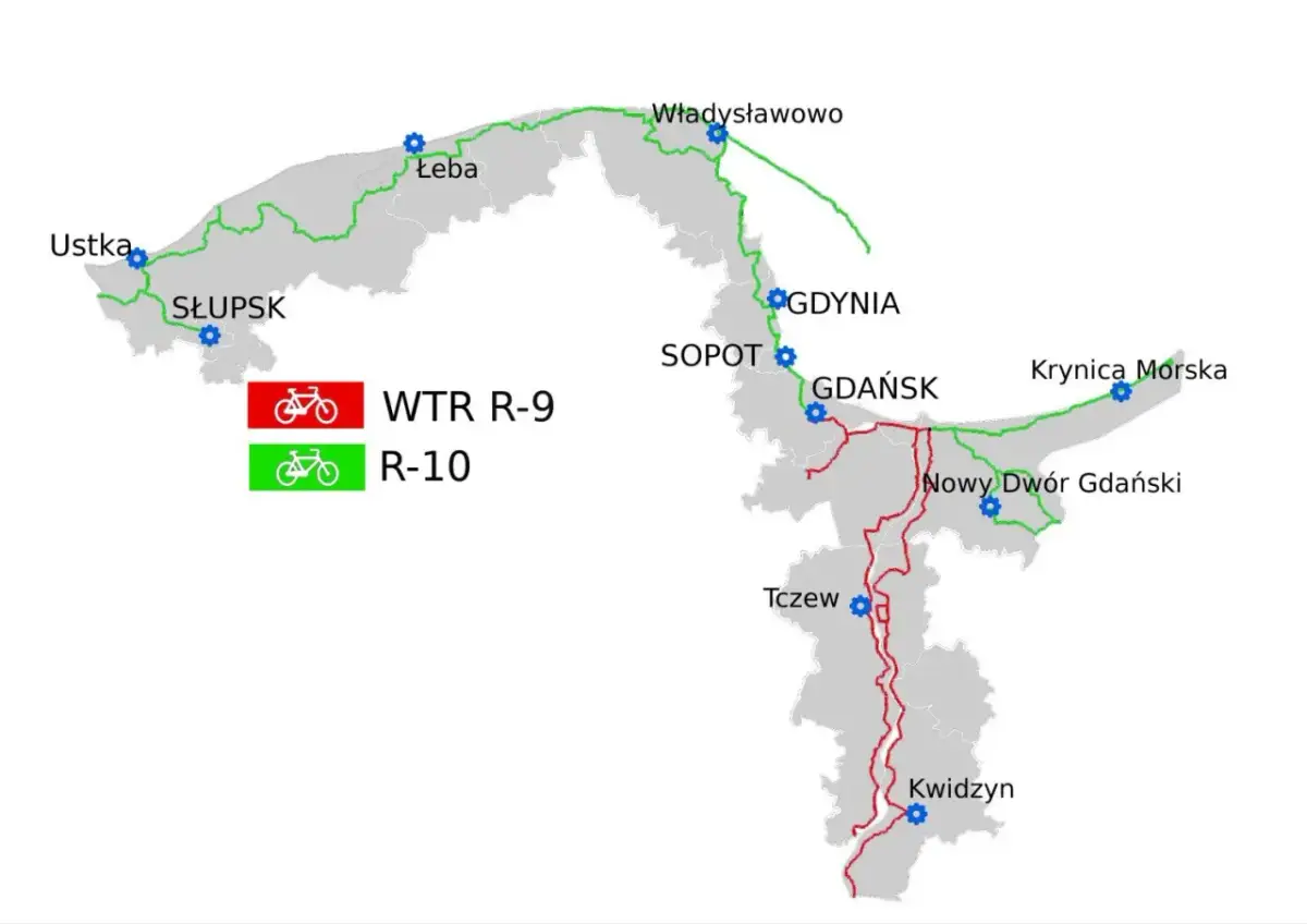 Mapa tras rowerowych WTR R-9 (czerwona) i R-10 (zielona) wzdłuż wybrzeża i w głąb lądu, łącząca miasta takie jak Ustka, Słupsk, Łeba, Władysławowo, Gdynia, Sopot, Gdańsk, Krynica Morska, Nowy Dwór Gdański, Tczew i Kwidzyn.
