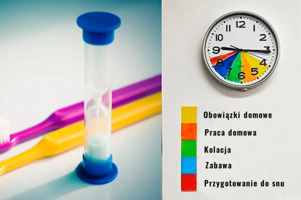Klepsydra i kolorowy zegar pomagają jak nauczyć dziecko cierpliwości, wizualizując czas na obowiązki, naukę i zabawę.