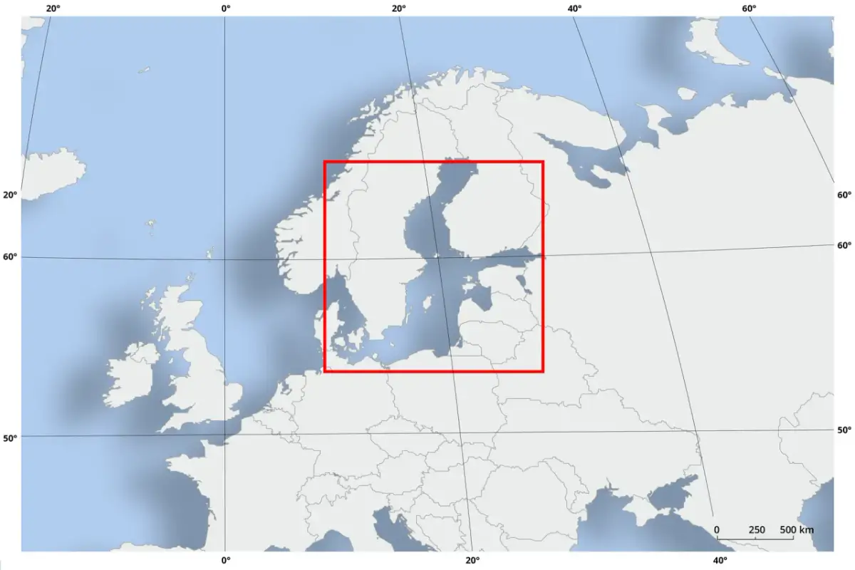 Mapa Europy Północnej z zaznaczonym na czerwono obszarem Morza Bałtyckiego i otaczającymi krajami.
