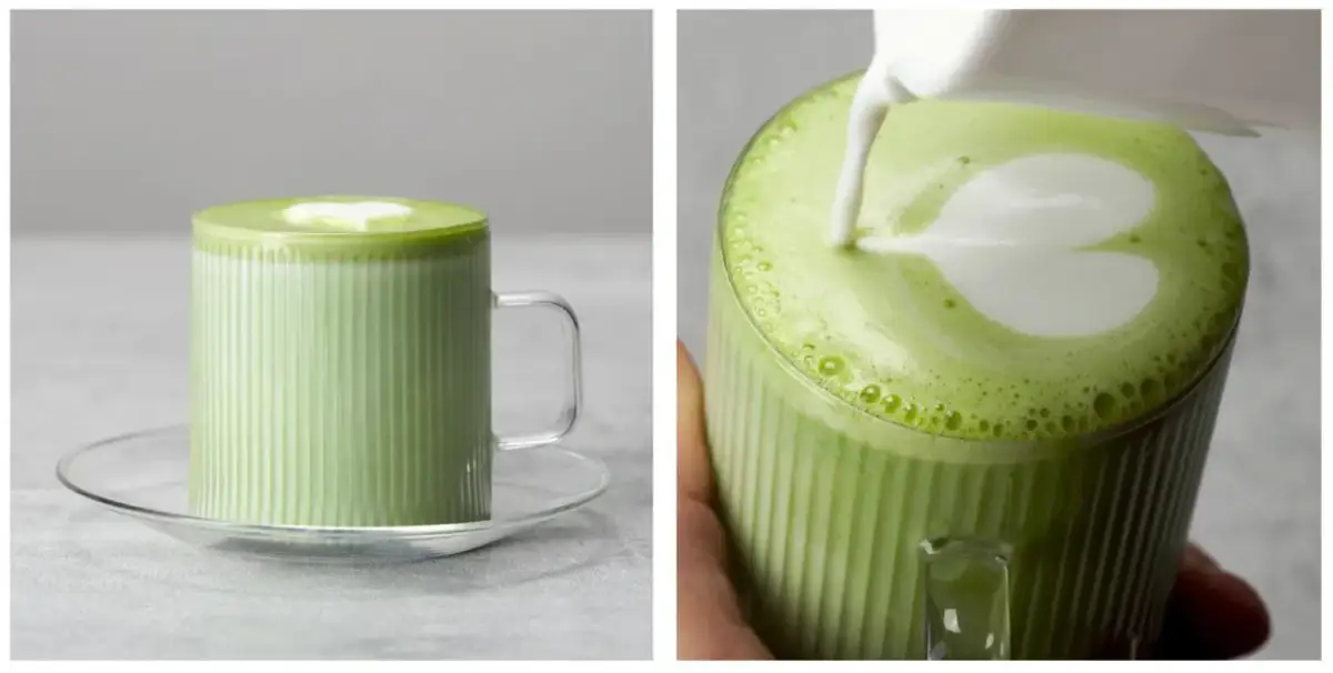 Zielone matcha latte z pianką w kształcie serca. Dowiedz się, jak pić matcha, by cieszyć się jej smakiem i wyglądem.