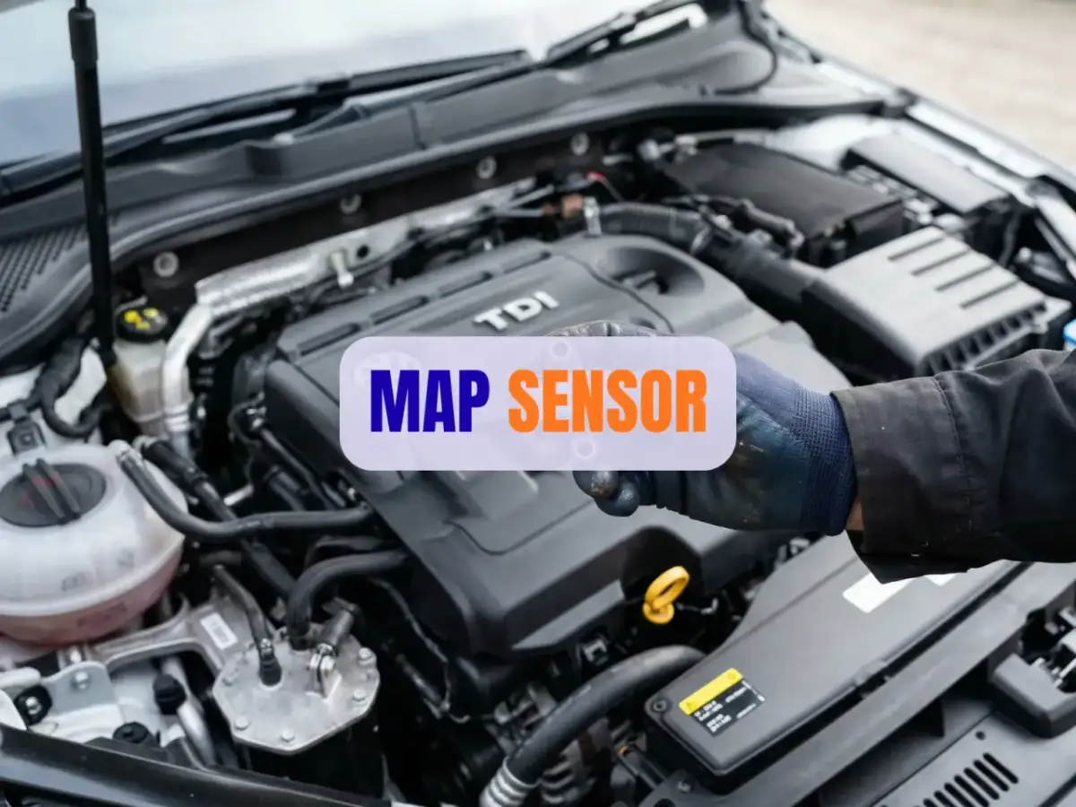 Ręka w rękawicy wskazuje na silnik TDI, gdzie znajduje się MAP SENSOR.