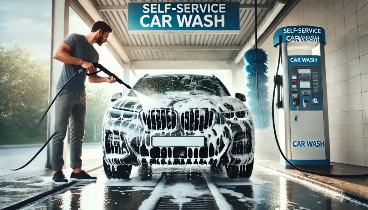 Mężczyzna myje auto na myjni samoobsługowej. Czy myjnia automatyczna niszczy lakier? Tutaj widać, że mycie ręczne jest możliwe.