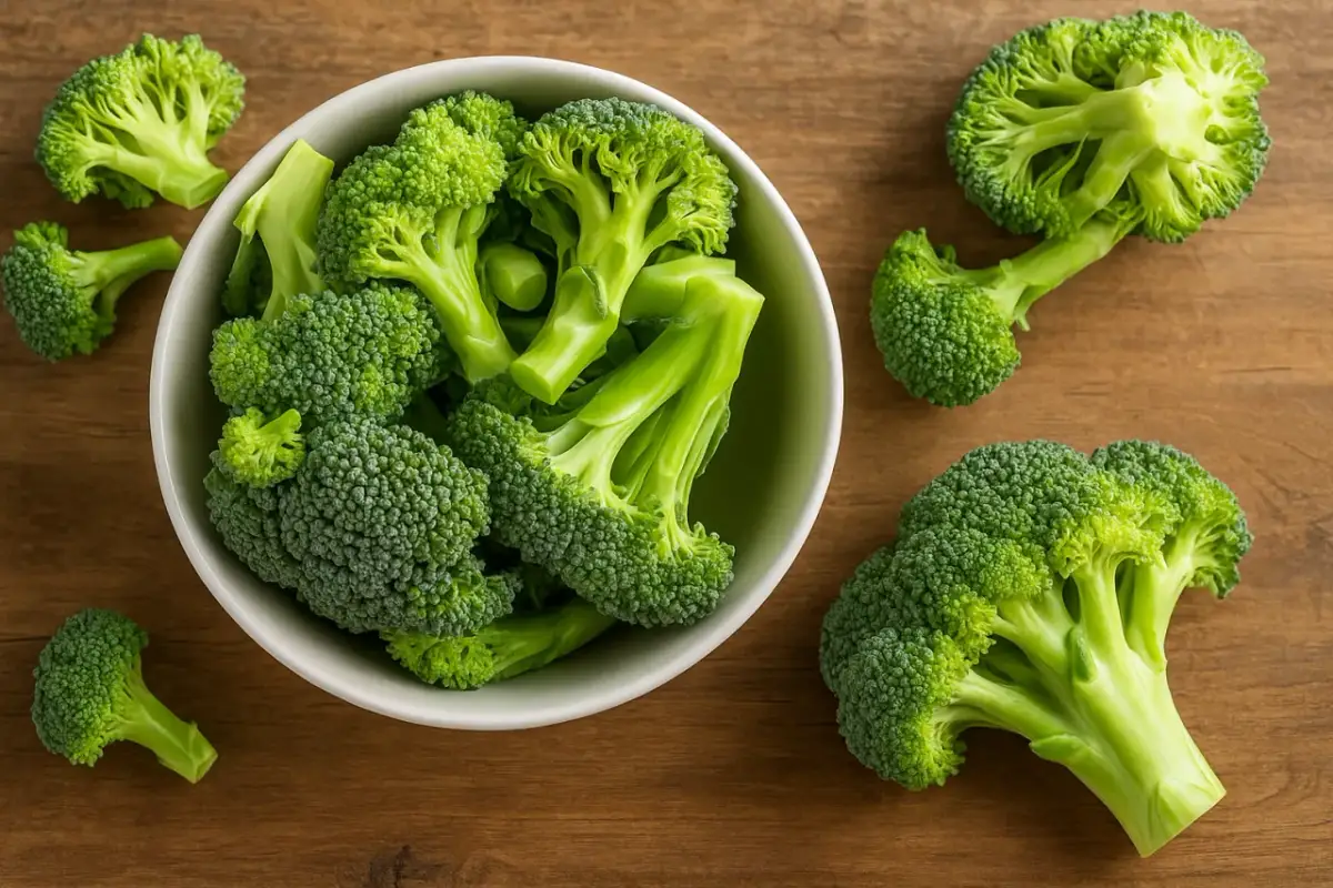 Świeże różyczki brokuła w misce i obok, gotowe do tego, jak blanszować brokuł.