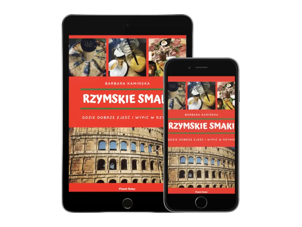 Rzymskie Smaki" - przewodnik po tym, gdzie dobrze zjeść i wypić w Rzymie, z Koloseum w tle.