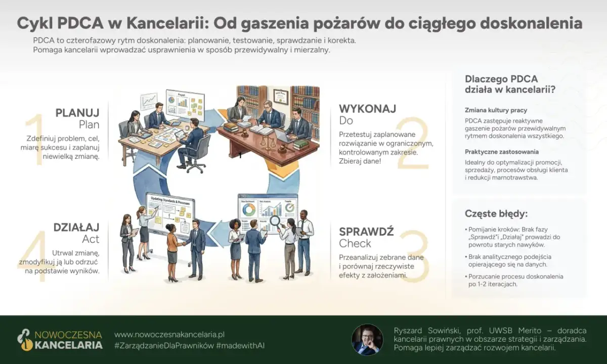 Cykl PDCA w kancelarii: planuj, wykonaj, sprawdź, działaj. Ilustracja przedstawia zespół pracujący nad usprawnieniem procesów.