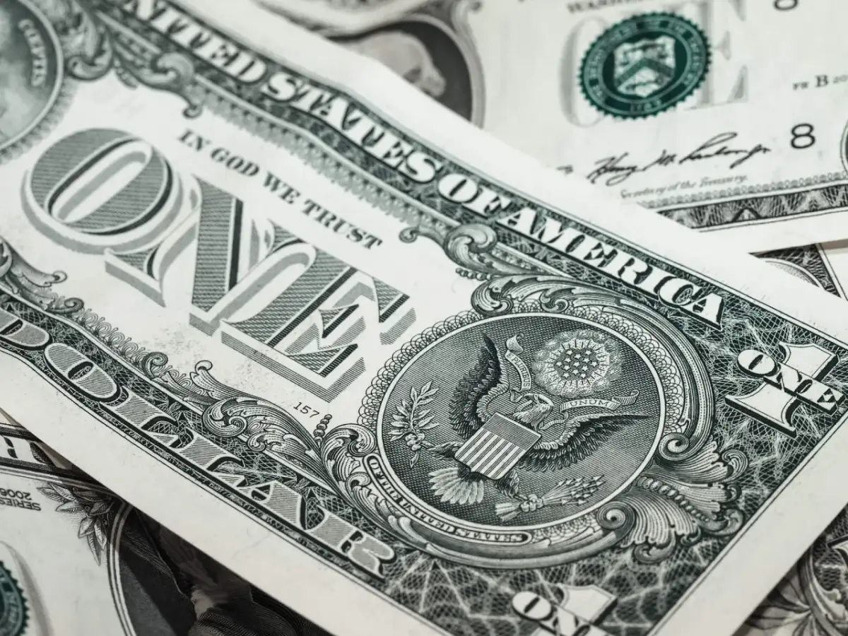 Zbliżenie na banknot jednodolarowy z USA, widoczny orzeł i napis "ONE".