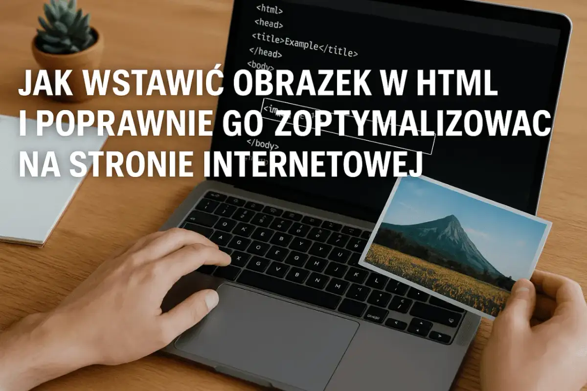 Dłoń trzyma zdjęcie góry i pola słoneczników przed laptopem z kodem HTML.