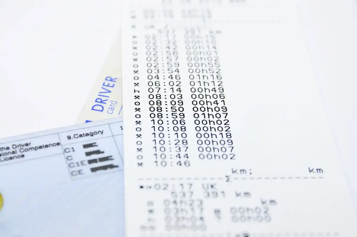 Karta kierowcy i wydruk z tachografu z danymi o czasie i przebiegu.