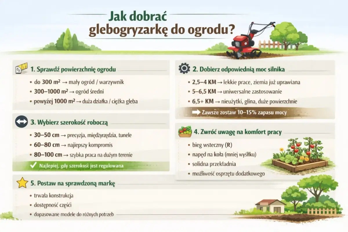Ilustracja przedstawia czerwoną glebogryzarkę ogrodową na tle zielonego ogrodu z domkiem i grządką.