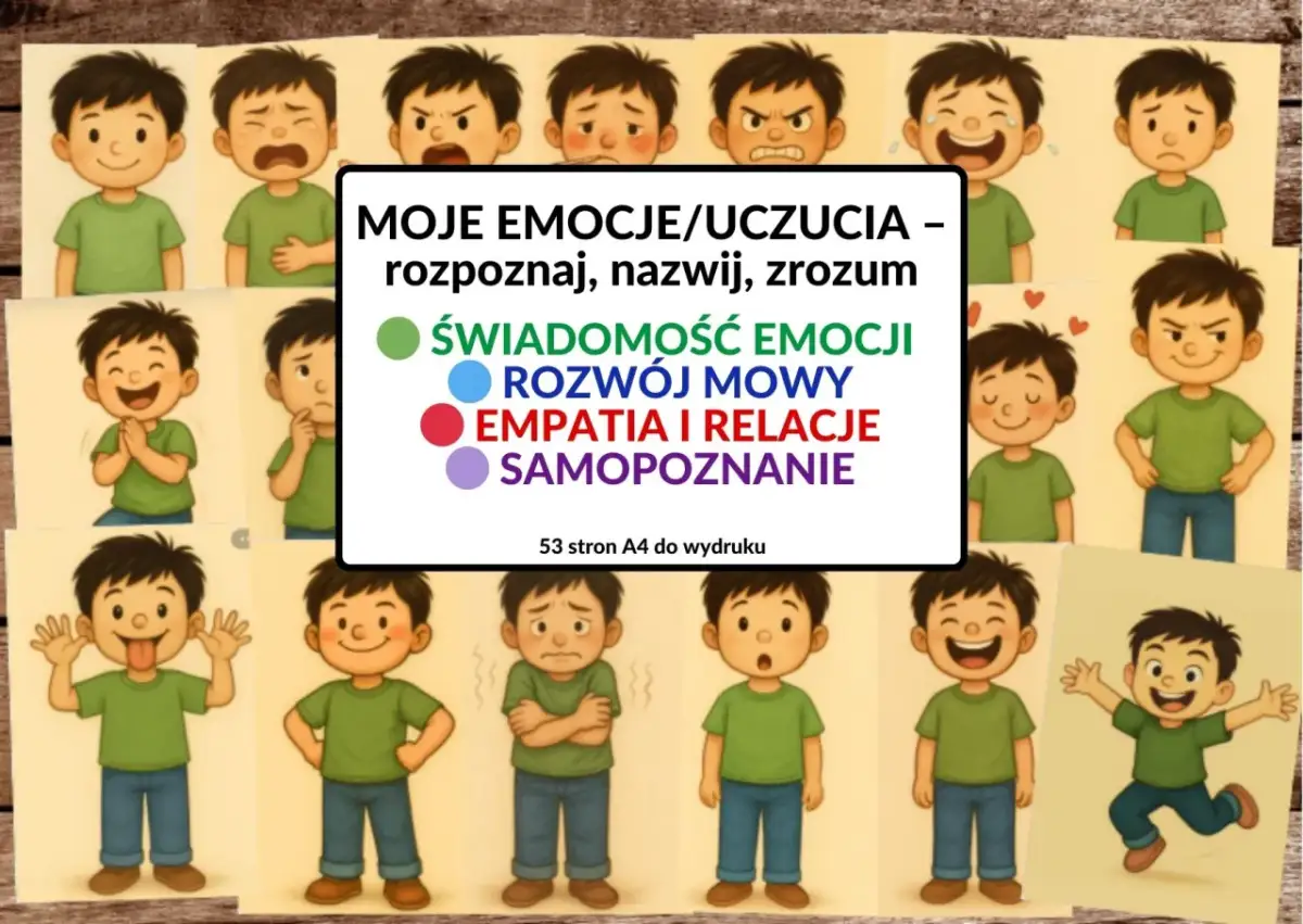 Ilustracja przedstawia chłopców wyrażających różne emocje. Centralnie umieszczona jest lista: "Moje emocje/uczucia – rozpoznaj, nazwij, zrozum", z podpunktami: Świadomość emocji, Rozwój mowy, Empatia i relacje, Samopoznanie.