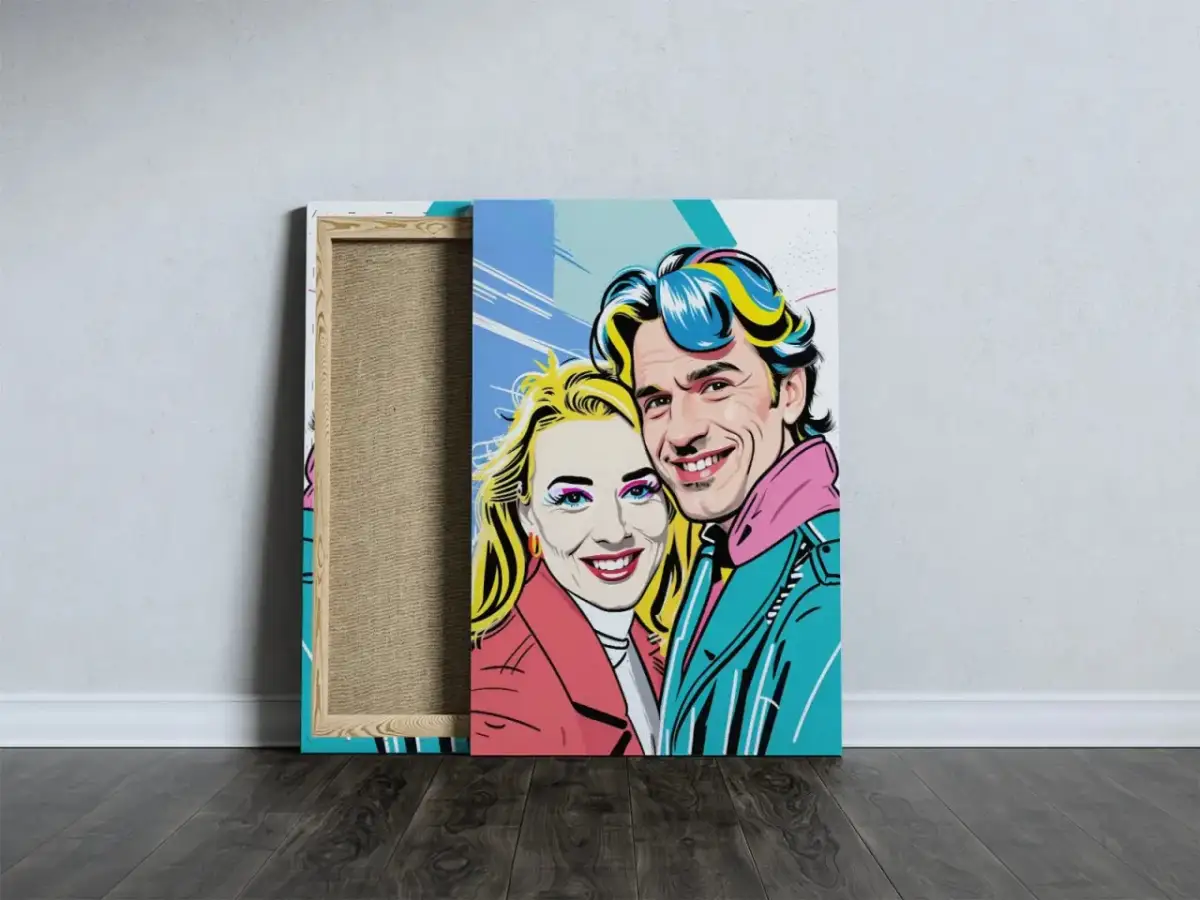 Kolorowe portrety w stylu pop art przedstawiają uśmiechniętą parę.