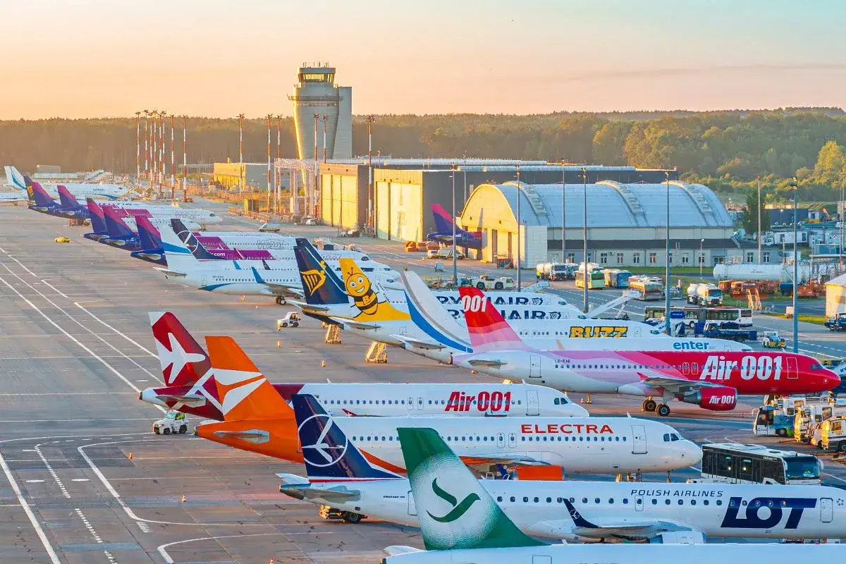Samoloty pasażerskie zaparkowane na lotnisku o zachodzie słońca.