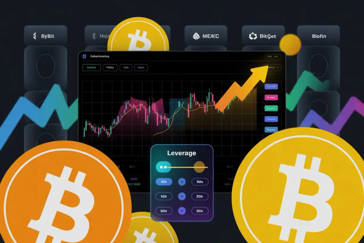Wykresy giełdowe i ikony kryptowalut ilustrują, jak działa dźwignia na giełdzie, zwiększając potencjalne zyski i straty.