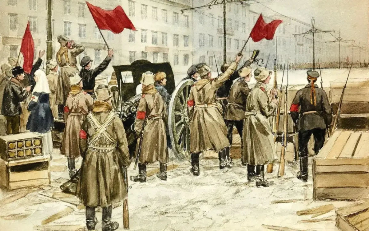 Obraz rewolucji w przedwiośniu: ludzie z czerwonymi flagami, żołnierze z karabinami i armata na ulicy.