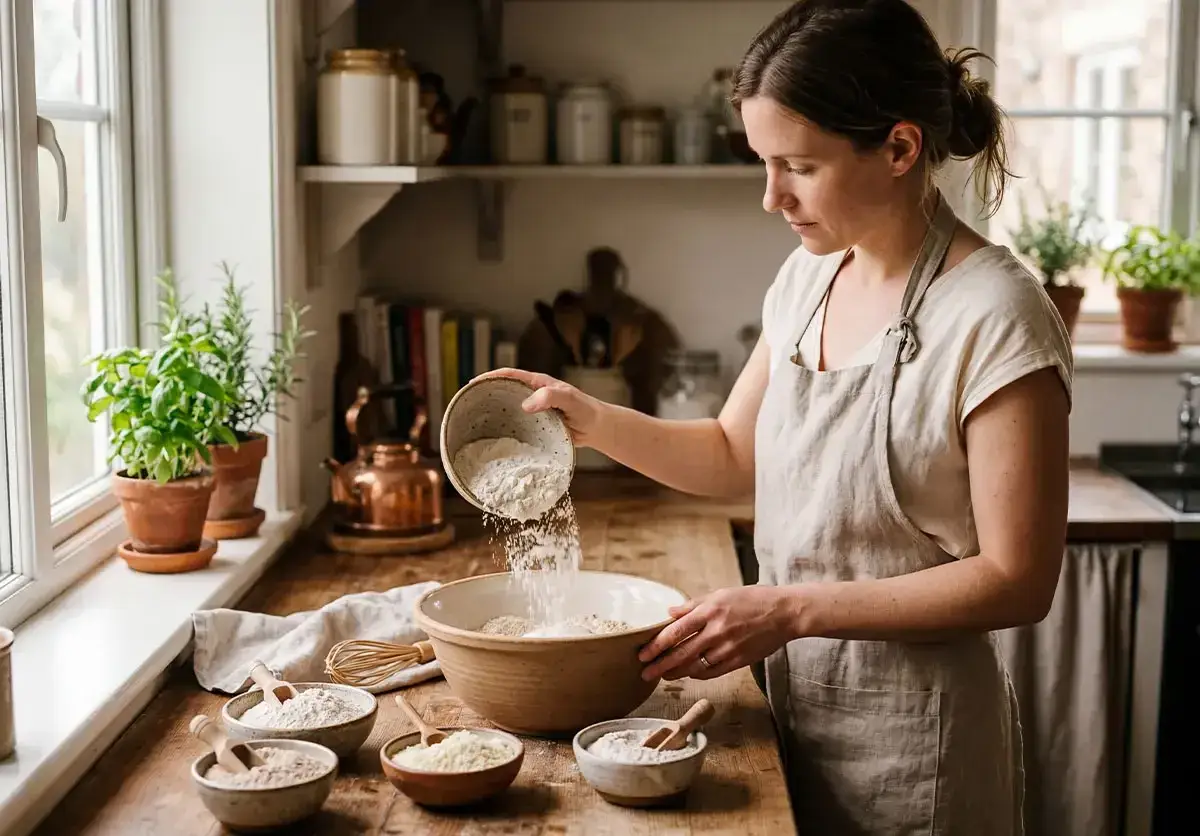 Kobieta w fartuchu wsypuje mąkę do miski, szukając alternatywy co zamiast mąki kokosowej. Na blacie stoją miseczki z różnymi rodzajami mąki.