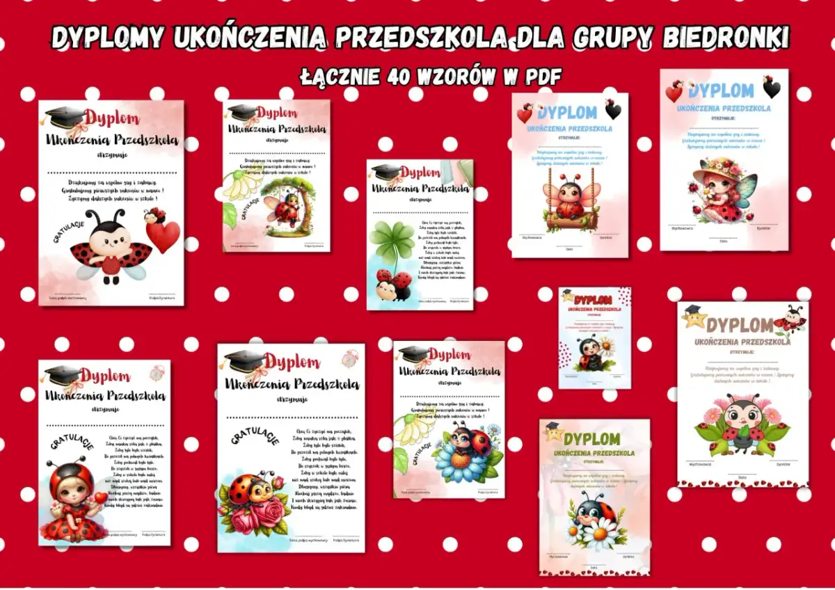 Dyplomy ukończenia przedszkola w Polsce dla grupy Biedronki. Urocze grafiki z biedronkami i kwiatami.