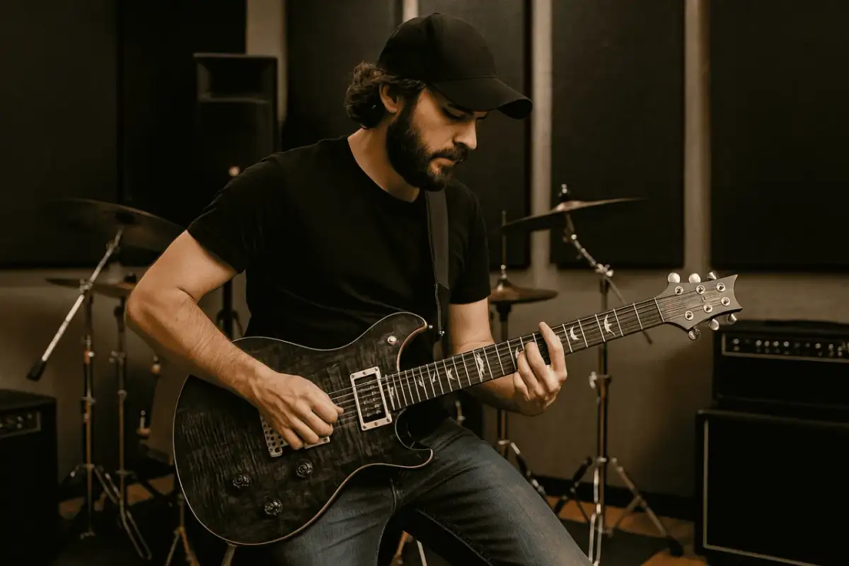Mężczyzna w czapce z daszkiem gra na gitarze elektrycznej w studiu. Idealny obraz, by dowiedzieć się, jak zacząć grać na gitarze elektrycznej.