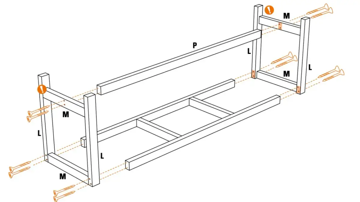 Instrukcja jak zrobić ławkę na działkę. Montaż drewnianej konstrukcji ławki z widocznymi elementami i wkrętami.
