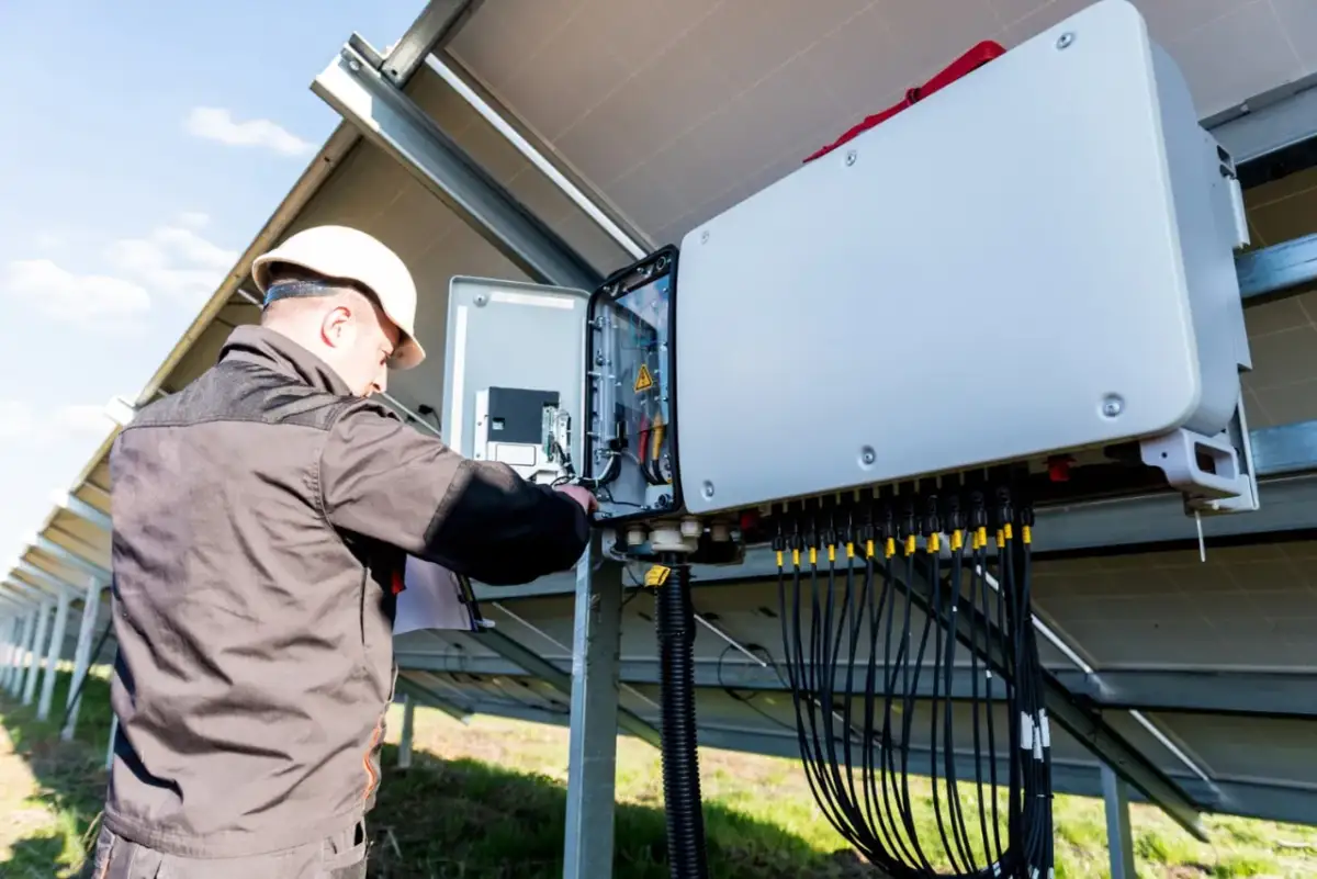 Technik w białym kasku sprawdza instalację fotowoltaiczną. Falownik pokazuje błąd, co wymaga jego uwagi i naprawy.