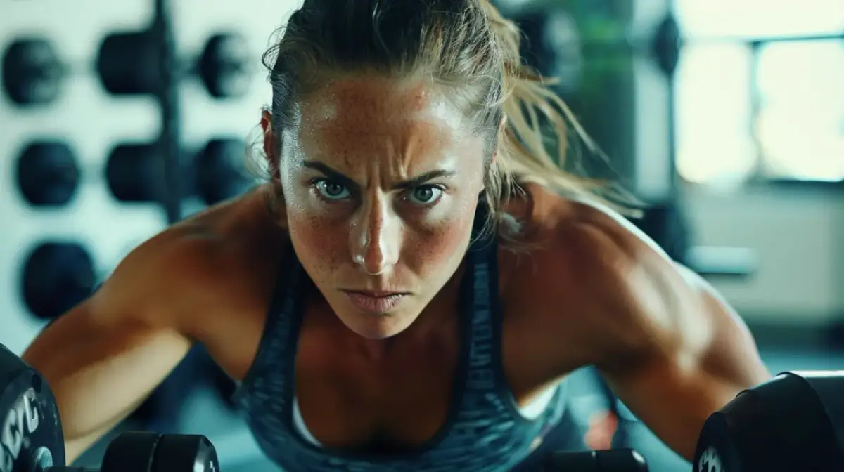 Skupiona kobieta podczas treningu crossfit. Zastanawia się, jakie suplementy wybrać, by osiągnąć jeszcze lepsze wyniki.