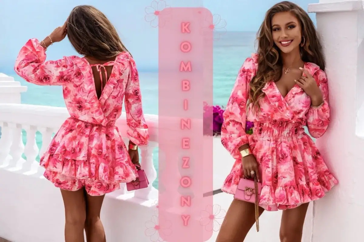 Kobiecy kombinezon jak sukienka w różane wzory, z falbankami i dekoltem V. Idealny na letnie dni.