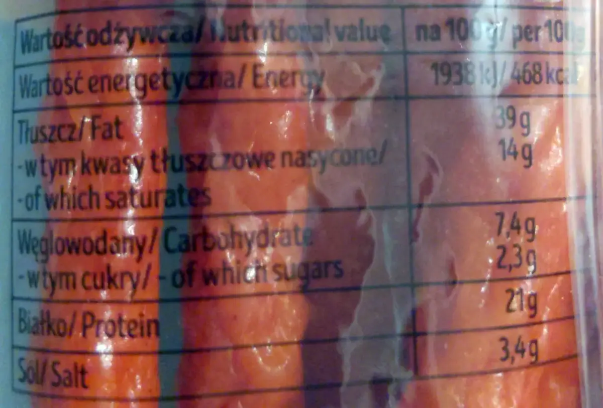 Zbliżenie na etykietę z wartościami odżywczymi kabanosów, pokazującą składniki i kaloryczność.