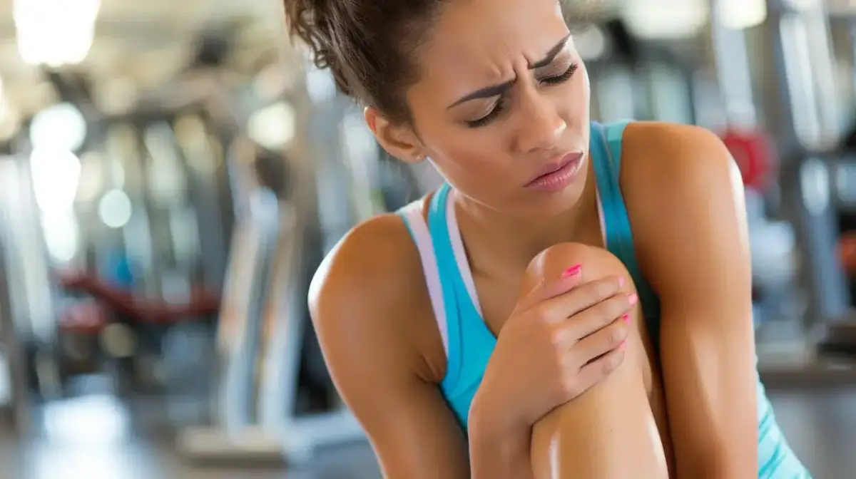 Kobieta w siłowni z bólem kolana, szuka co na zakwasy po treningu.