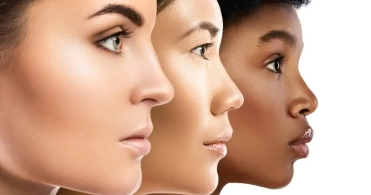 Trzy profile kobiet o różnym odcieniu skóry. Słońce i zanieczyszczenia to czynniki, co niszczy kwas hialuronowy w skórze.