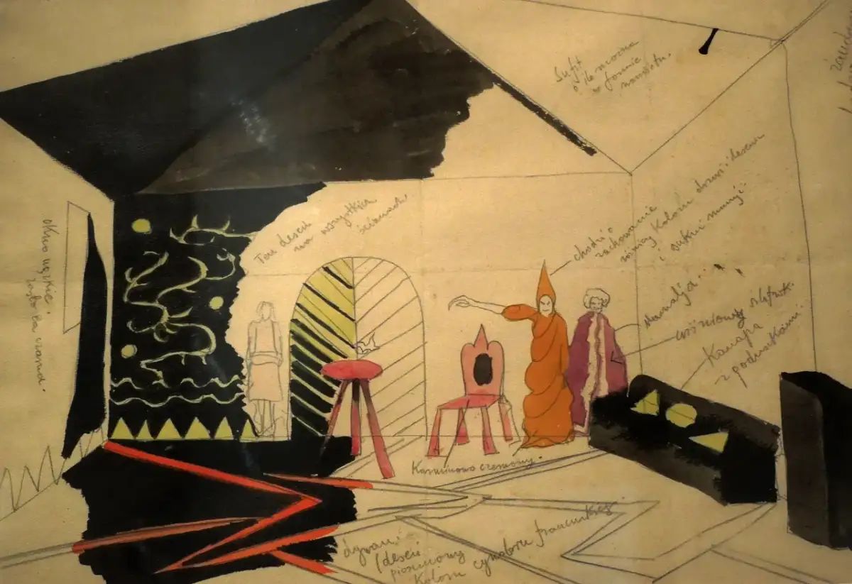 Scenografia teatralna, inspirowana teorią czystej formy, z postaciami w barwnych strojach i geometrycznymi elementami.