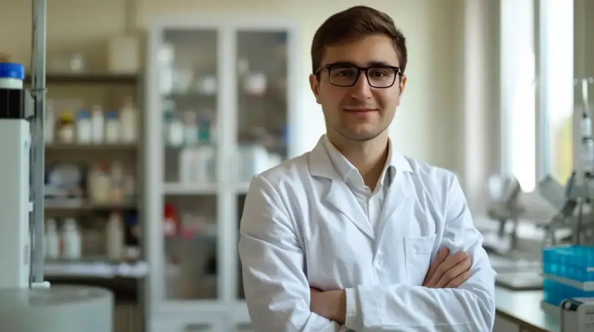 Młody naukowiec w laboratorium, badający jak obniżyć LDL.