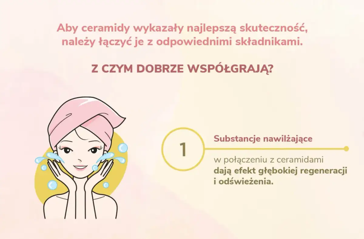 Kobieta z ręcznikiem na głowie myje twarz. Ceramidy najlepiej działają z substancjami nawilżającymi dla regeneracji.