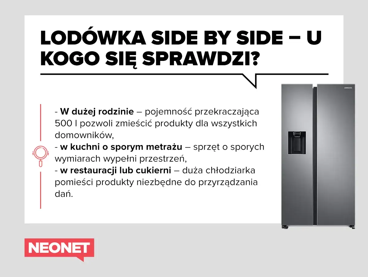 Lodówka side by side – duża, idealna dla rodzin i gastronomii. Ile waży lodówka side by side? To zależy od modelu, ale pojemność jest kluczowa.