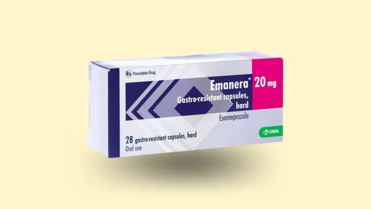 Opakowanie leku Emanera 20 mg, zawierające 28 kapsułek gastrooporno.