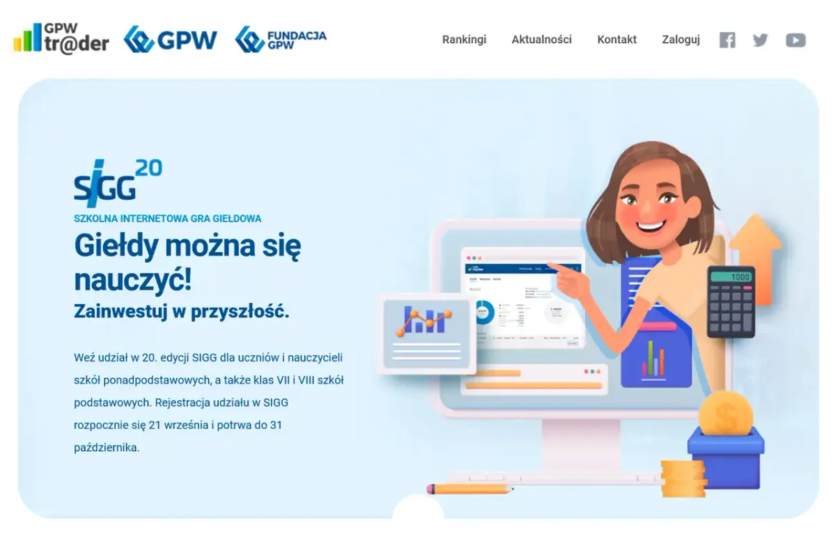 Grafika promuje grę giełdową SIGG, ucząc jak grać na giełdzie. Uśmiechnięta dziewczyna pokazuje wykresy i kalkulator, symbolizując naukę inwestowania.