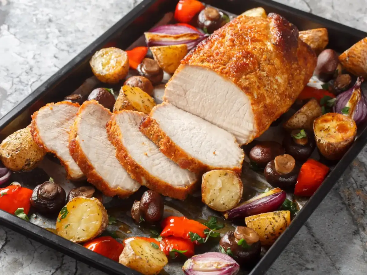 Pyszny schab po cygańsku pieczony z ziemniakami, pieczarkami, papryką i czerwoną cebulą na blasze.